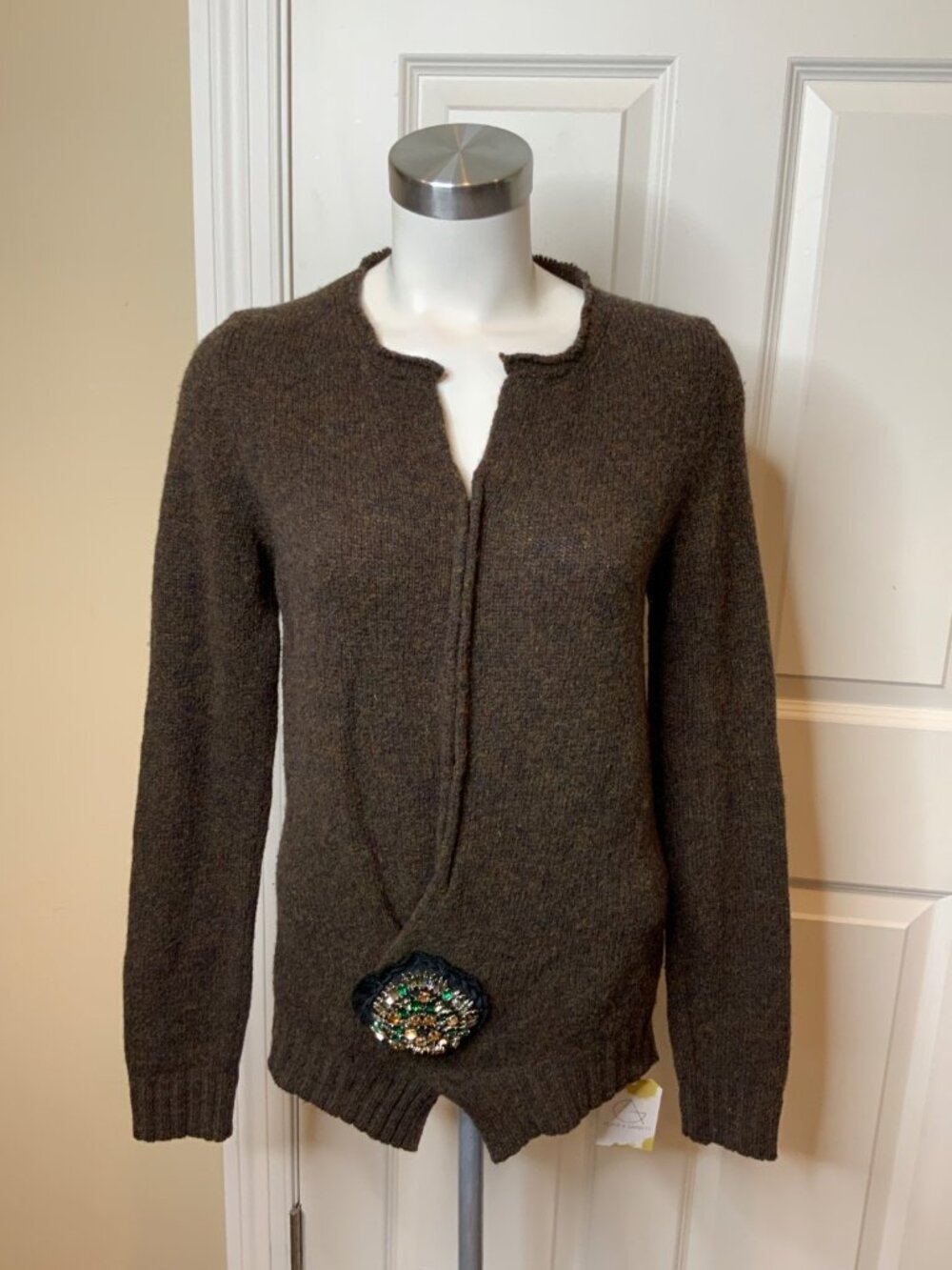 Prada Runway Collection Vintage Brown Wool V-Neck Jeweled Sweater, Size 6 | 42